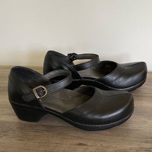 Dansko Black Leather Heeled Maryjane Clogs Mule Shoes